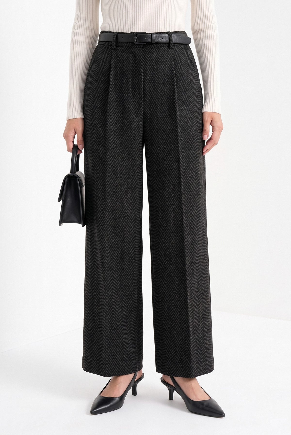 BLENIN herringbone wide leg trousers in black, front portrait