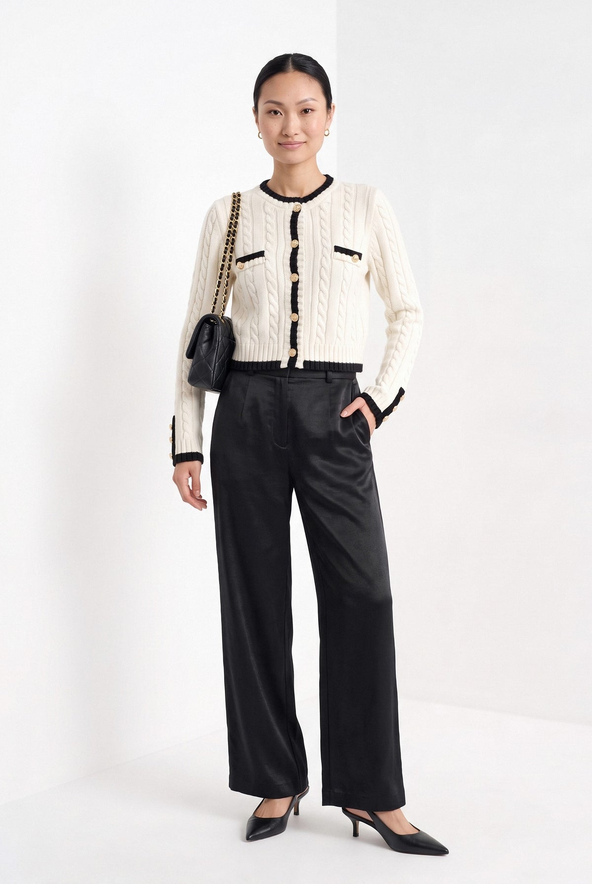 BLENIN satin wide leg trousers in black, full-length front view