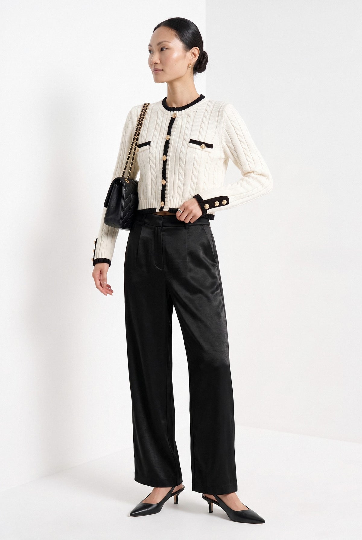 BLENIN satin wide leg trousers in black, three-quarter view