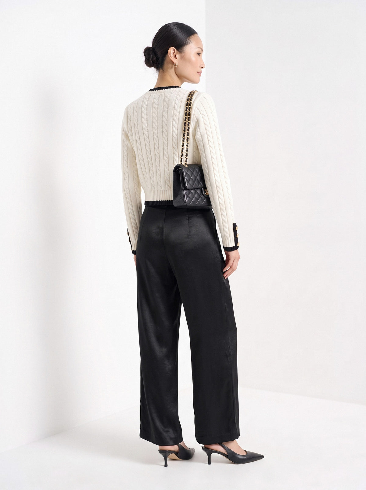 BLENIN satin wide leg trousers in black, back view