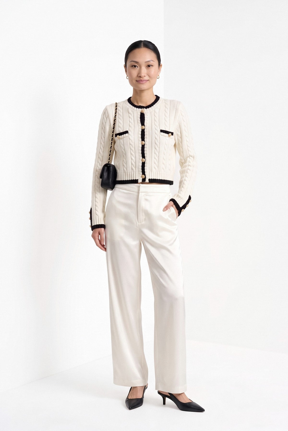 BLENIN satin wide leg trousers in white, full-length front view