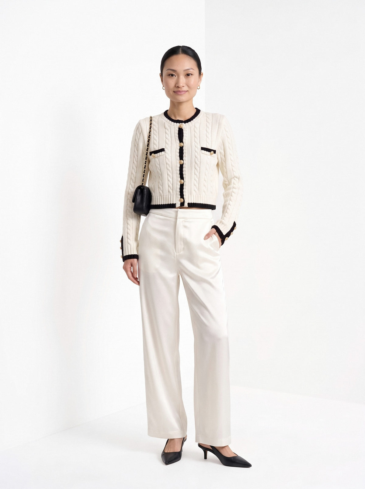 BLENIN satin wide leg trousers in white, full-length front view