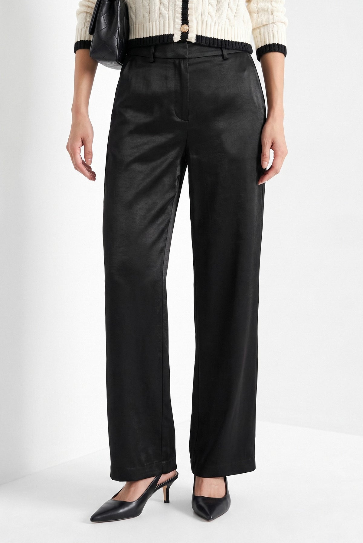 BLENIN satin wide leg trousers in black, front portrait