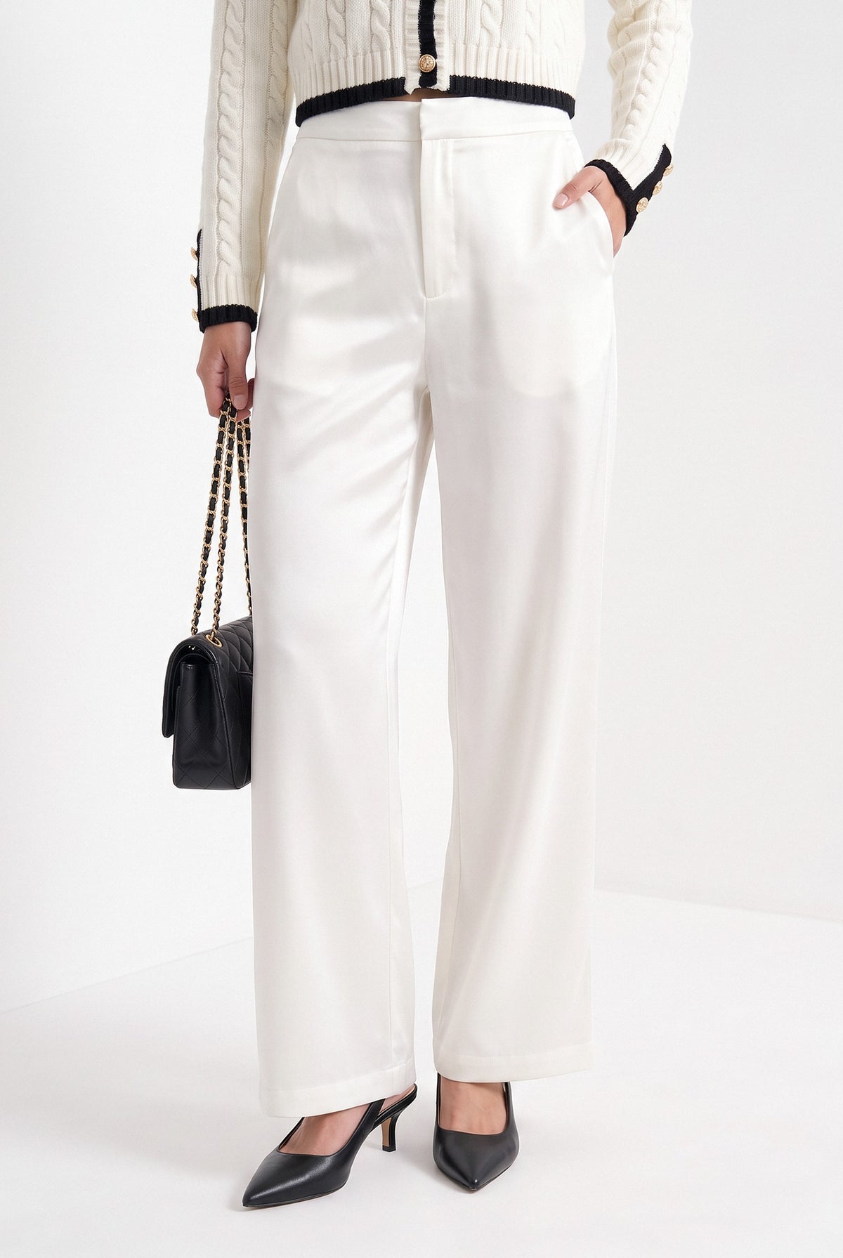 BLENIN satin wide leg trousers in white, front portrait