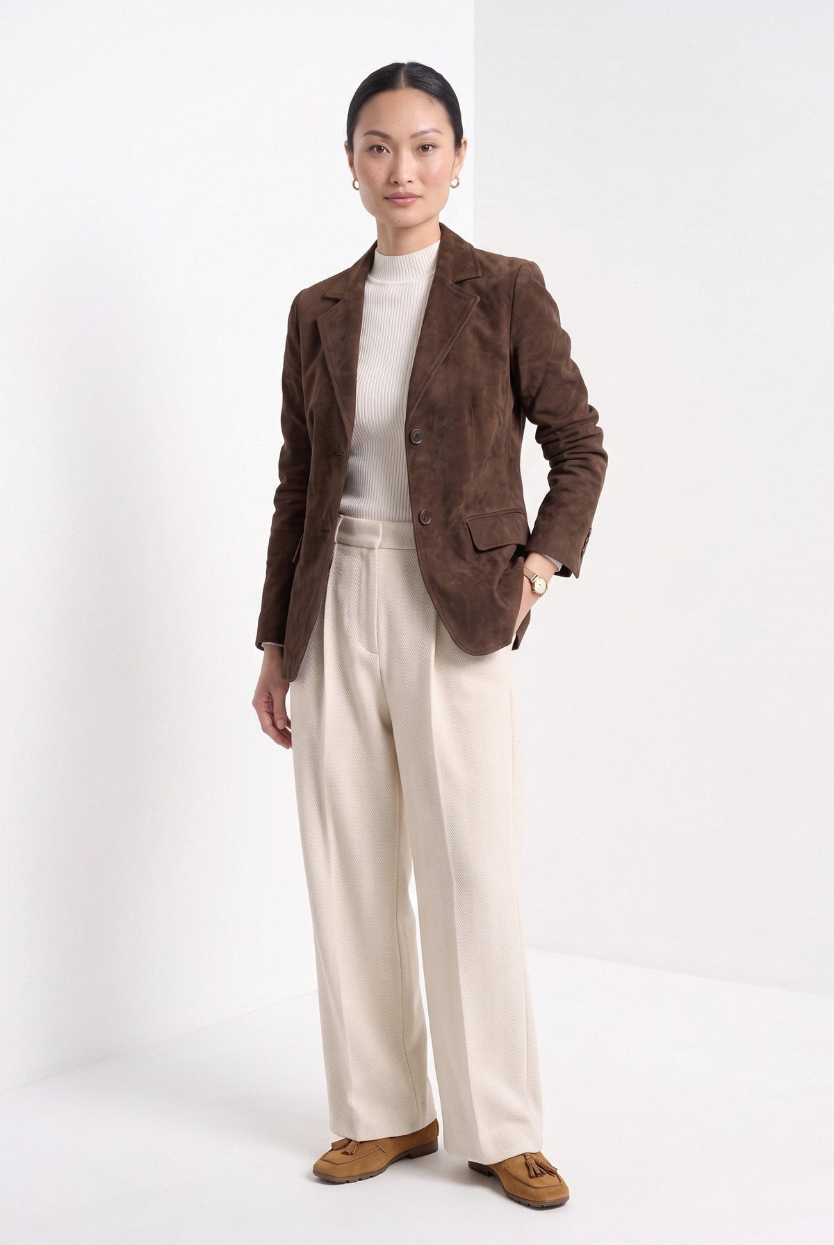 BLENIN women's suede-look blazer in brown, full-length look