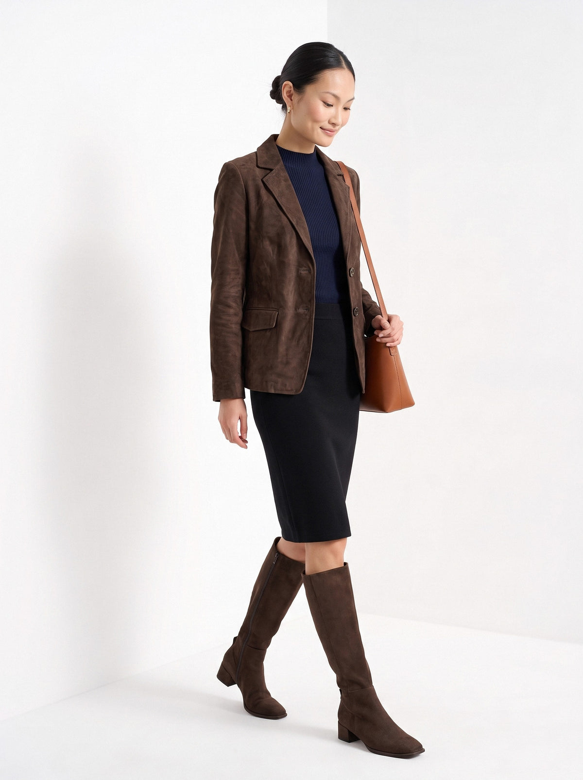 BLENIN women's suede-look blazer in brown, full outfit, walking