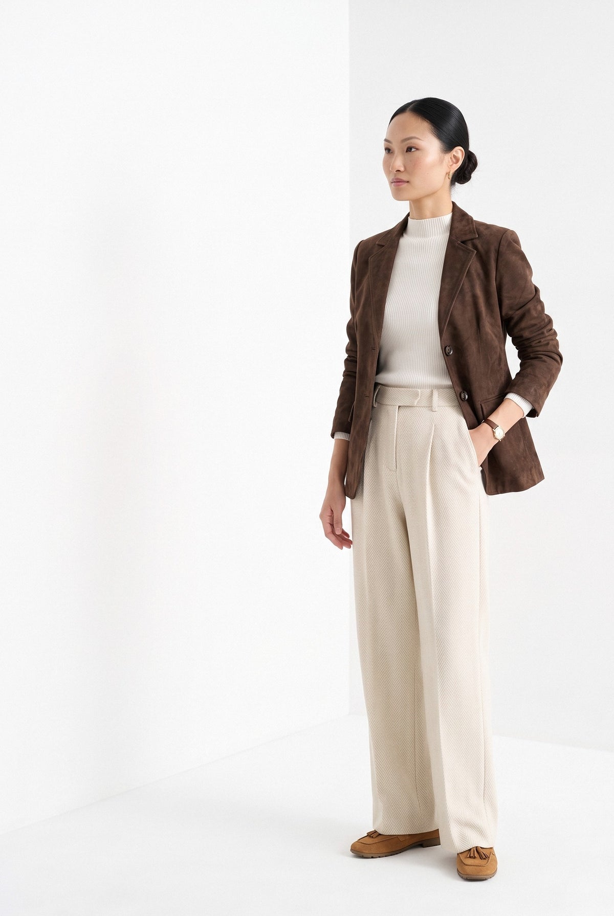 BLENIN women's suede-look blazer in brown, three-quarter view