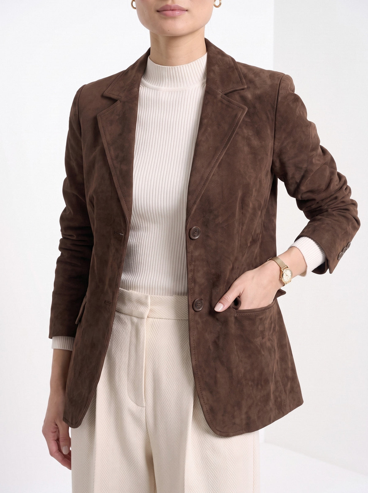 BLENIN women's suede-look blazer in brown, styled detail