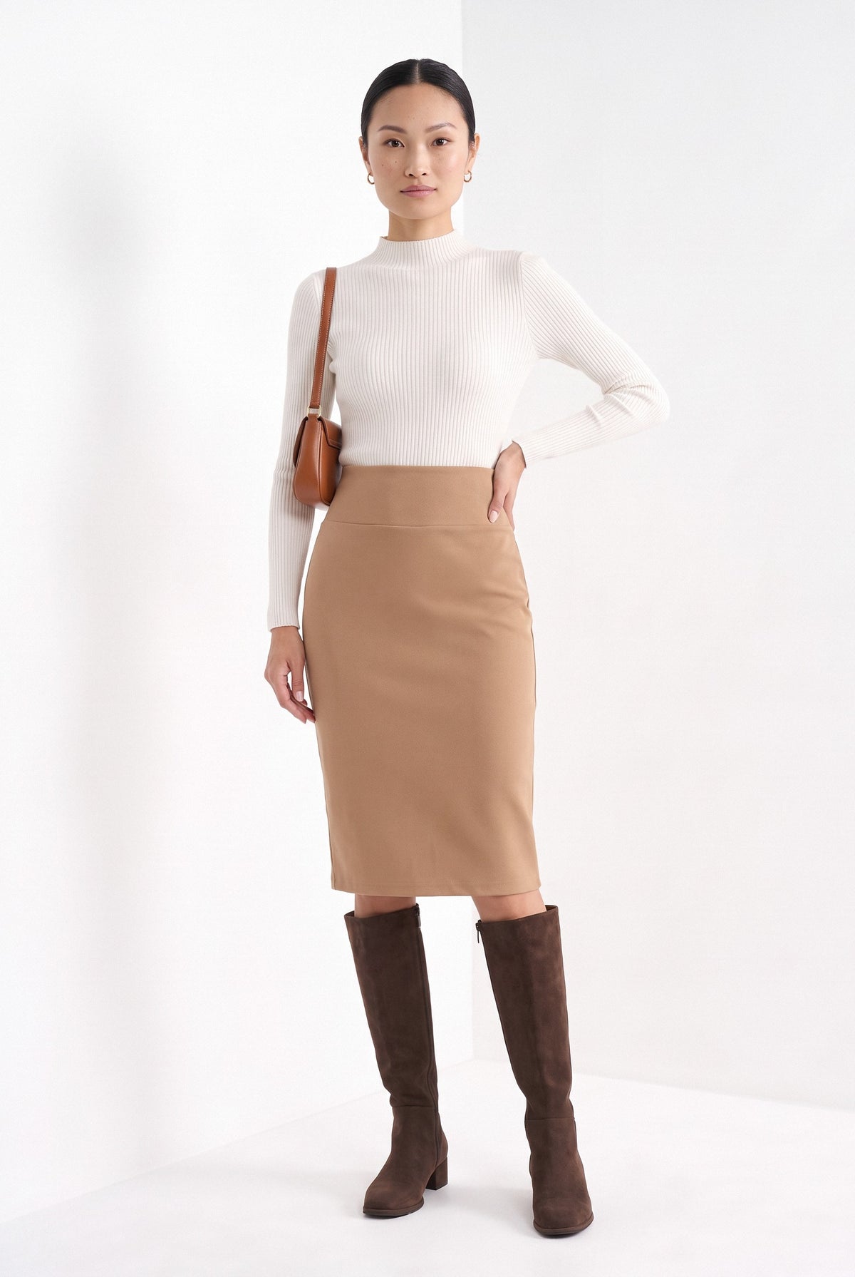 BLENIN women's knit pencil skirt in camel, full-length look