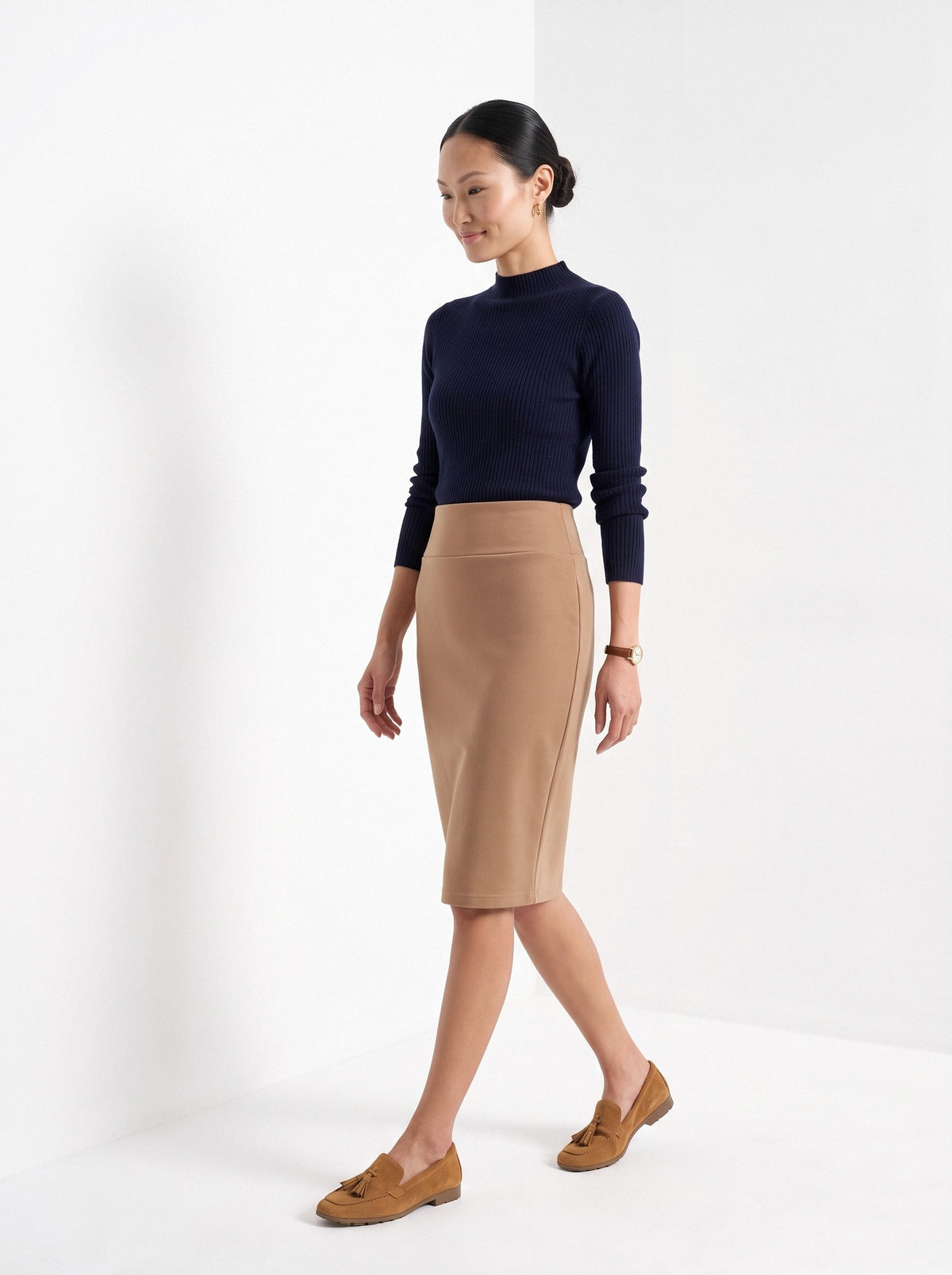 BLENIN women's knit pencil skirt in camel, full outfit, walking