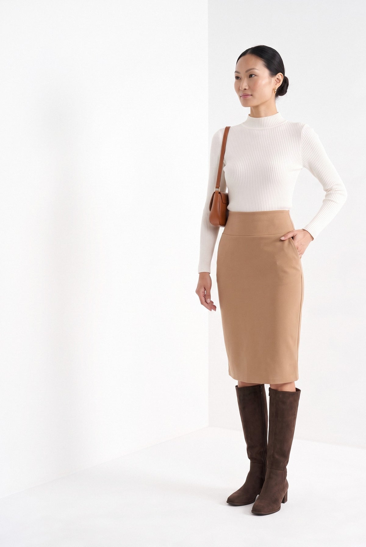 BLENIN women's knit pencil skirt in camel, three-quarter view