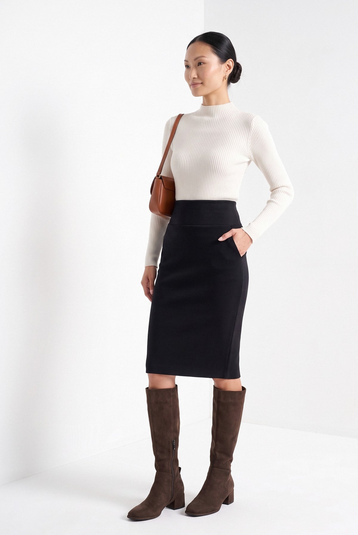 BLENIN women's knit pencil skirt in black, three-quarter view