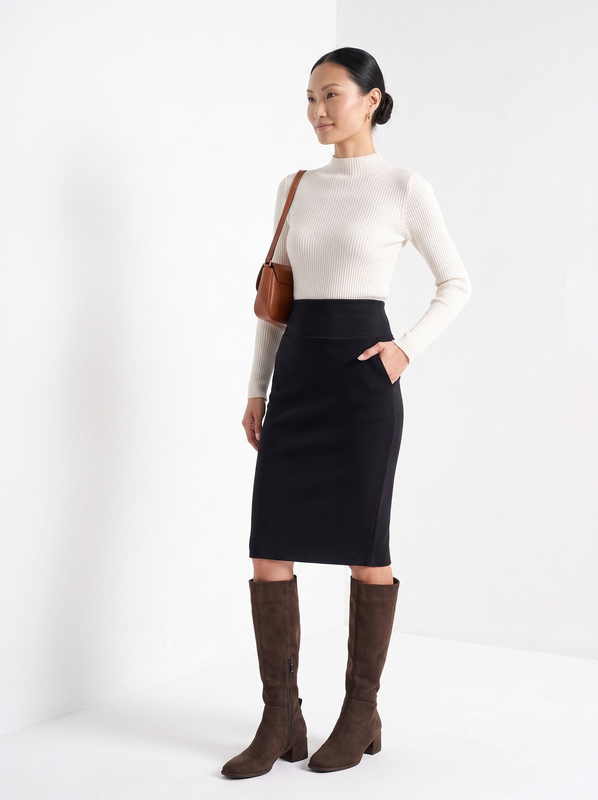 BLENIN women's knit pencil skirt in black, three-quarter view