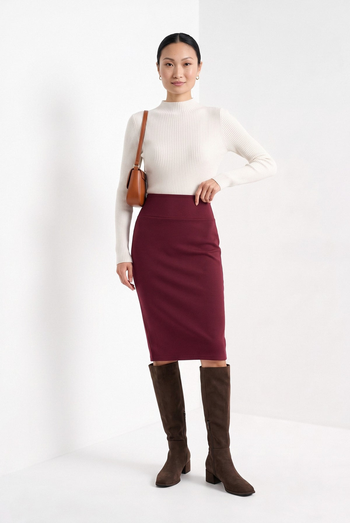 BLENIN women's knit pencil skirt in burgundy, full-length look