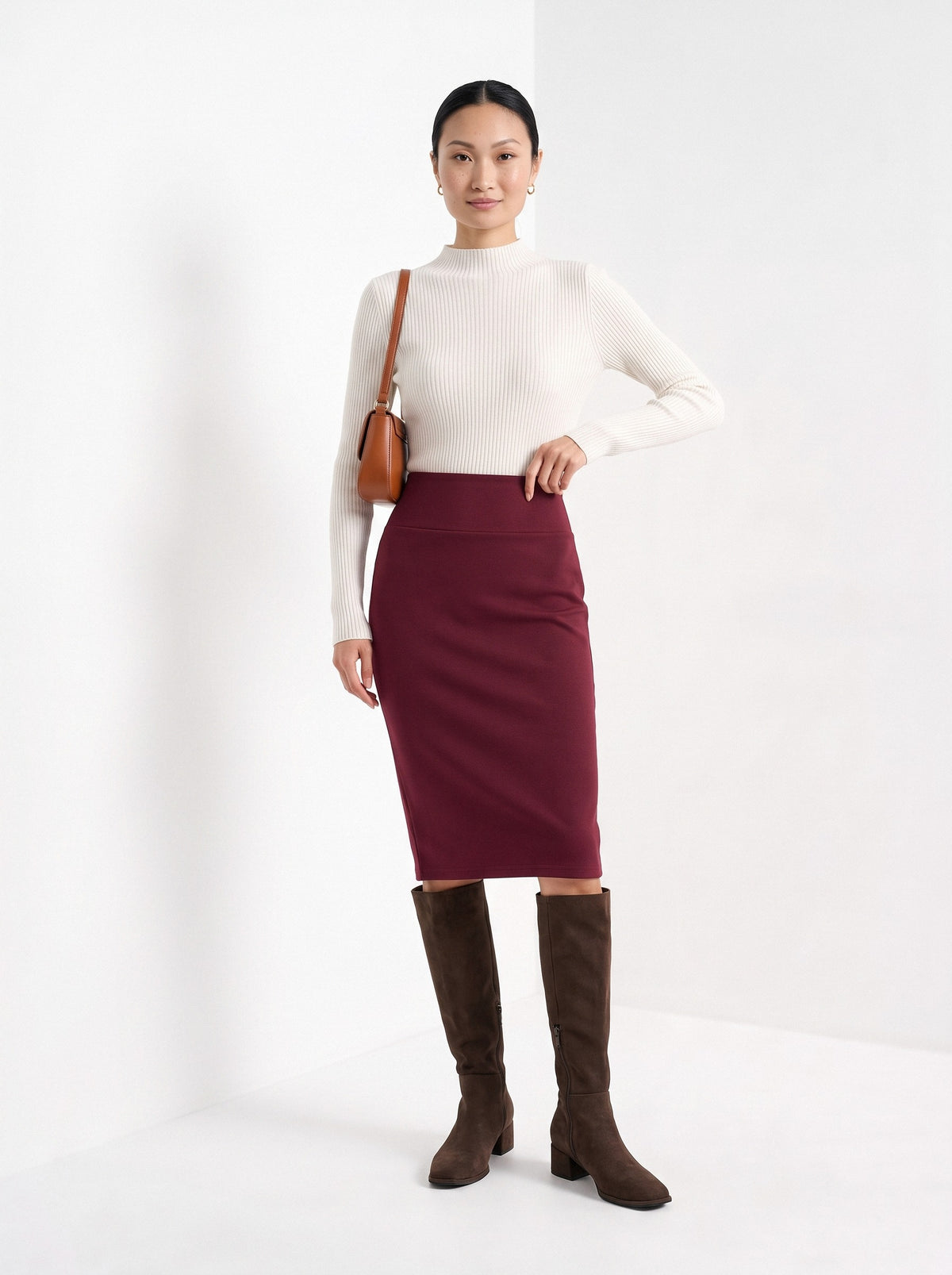 BLENIN women's knit pencil skirt in burgundy, full-length look