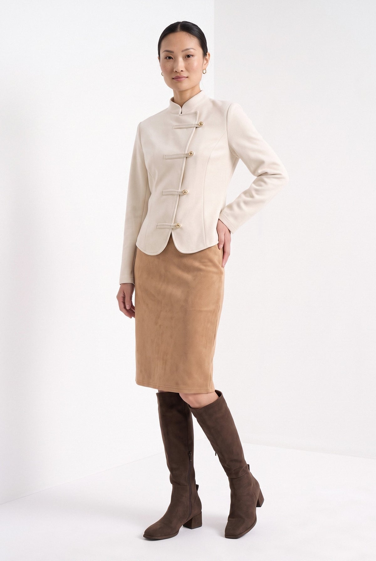 BLENIN women's suede-look pencil skirt in camel, full-length look