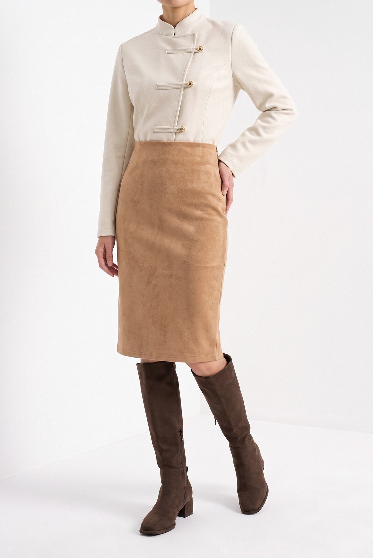 BLENIN women's suede-look pencil skirt in camel, front portrait