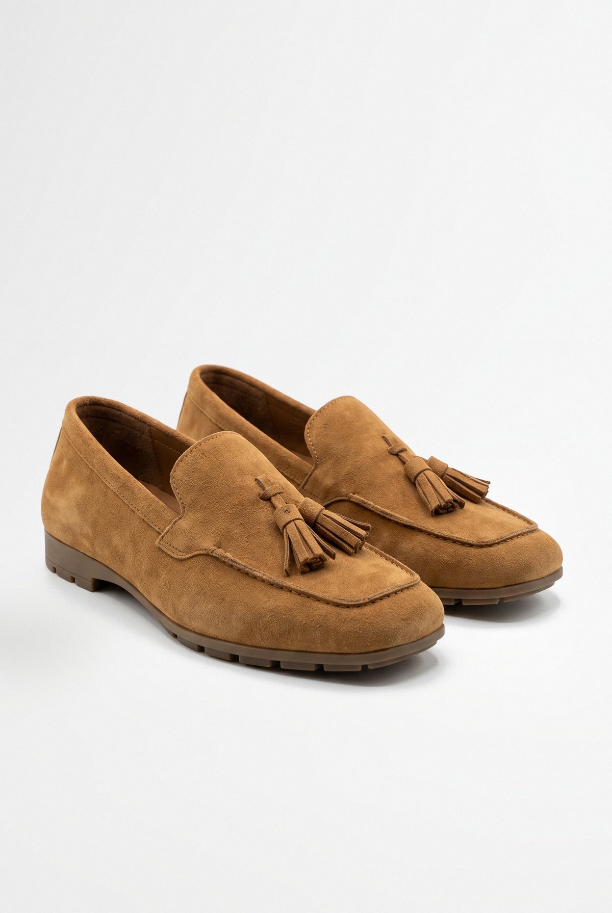 BLENIN women's suede-look tassel loafers in camel, pair, three-quarter view