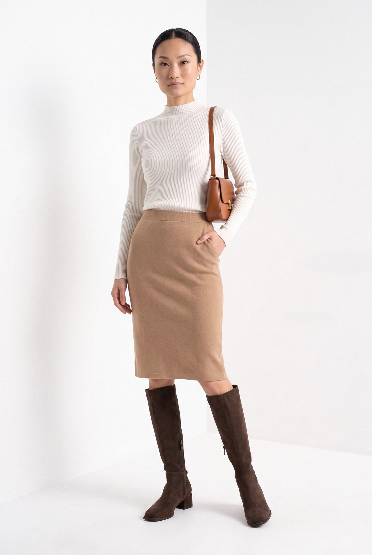 BLENIN women's suede-look over-the-knee boots in brown, full outfit