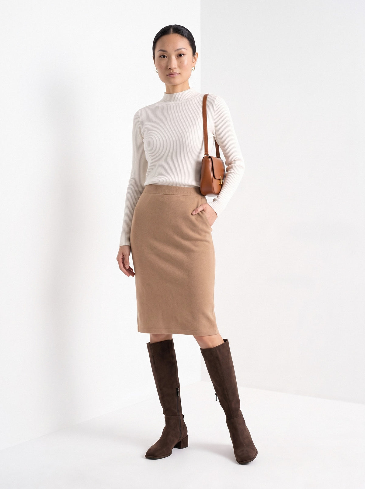BLENIN women's suede-look over-the-knee boots in brown, full outfit