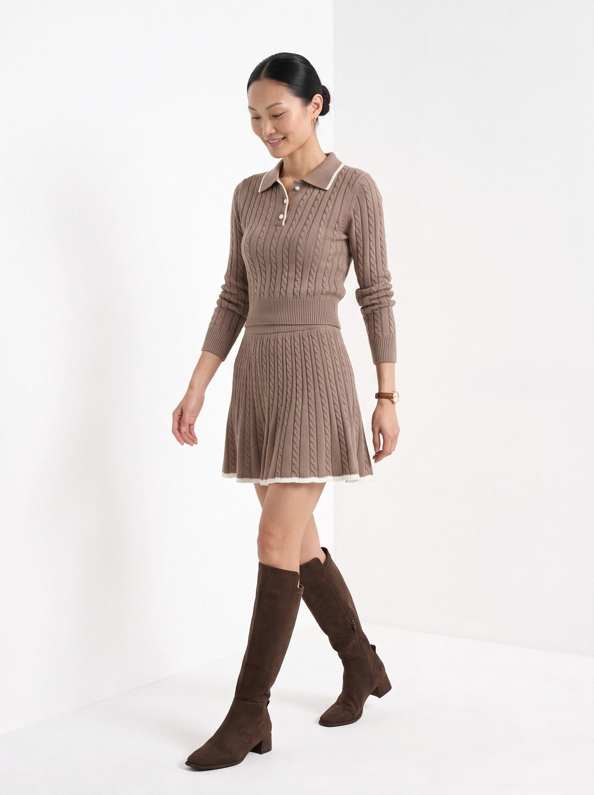 BLENIN women's cable knit polo skirt set in taupe, full outfit, walking