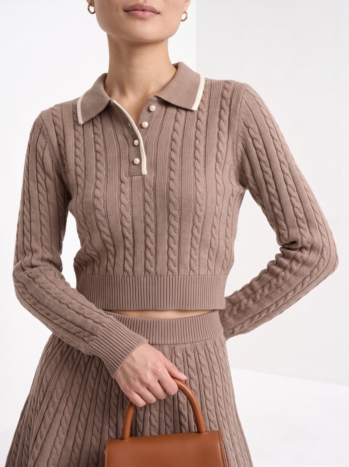 BLENIN women's cable knit polo skirt set in taupe, close-up of the details