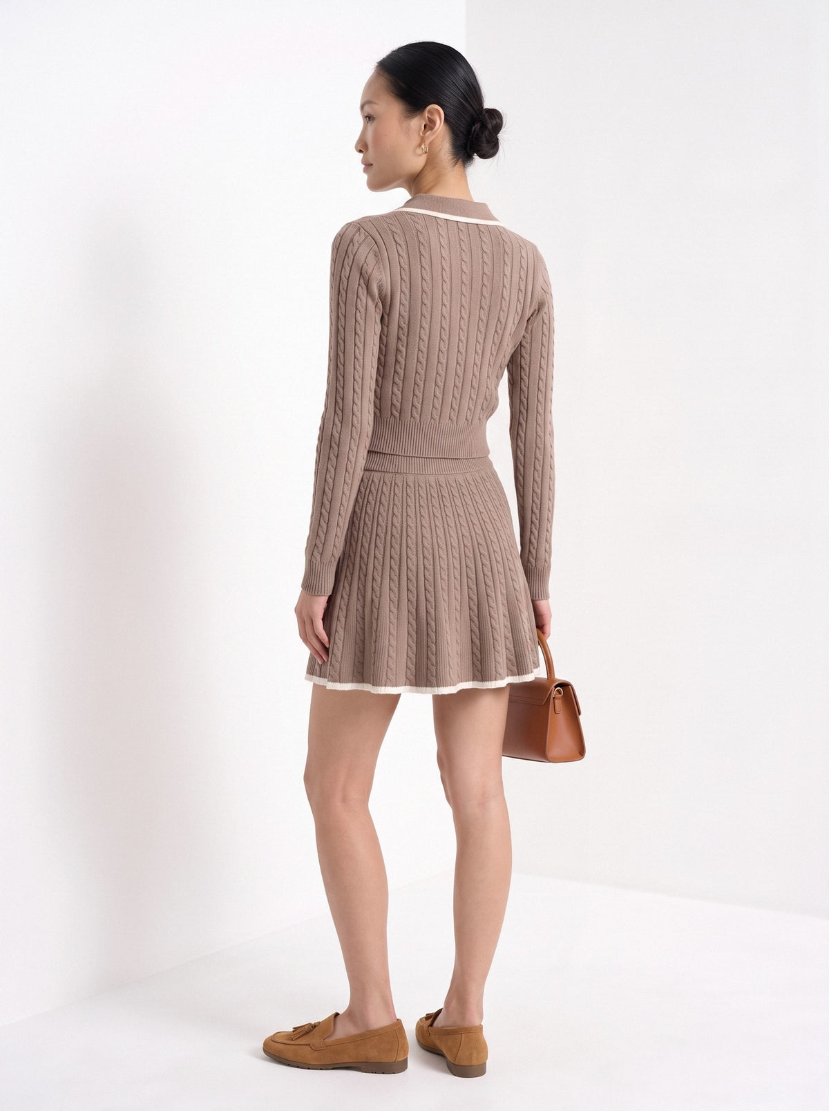 BLENIN women's cable knit polo skirt set in taupe, back view