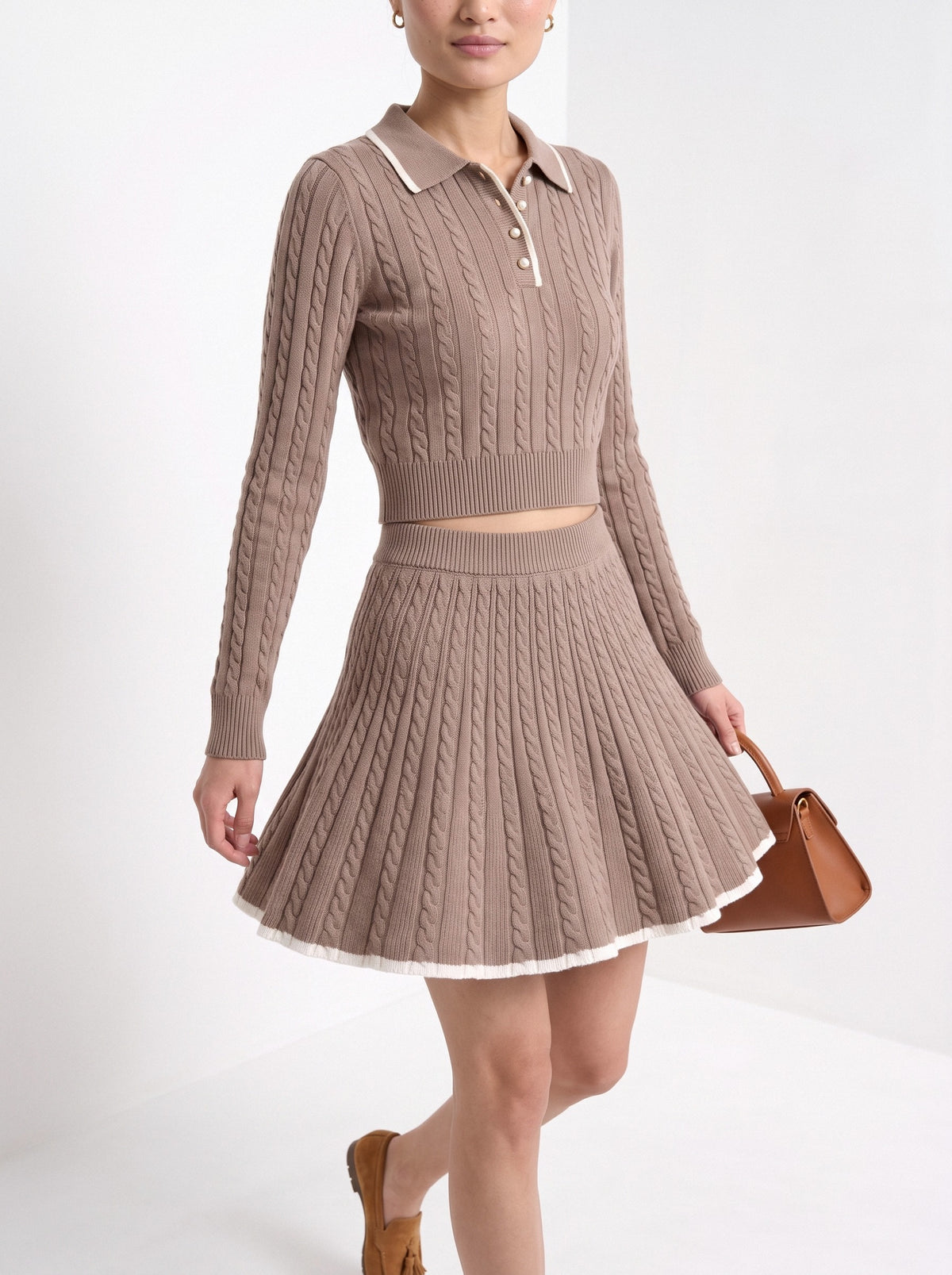 BLENIN women's cable knit polo skirt set in taupe, styled detail