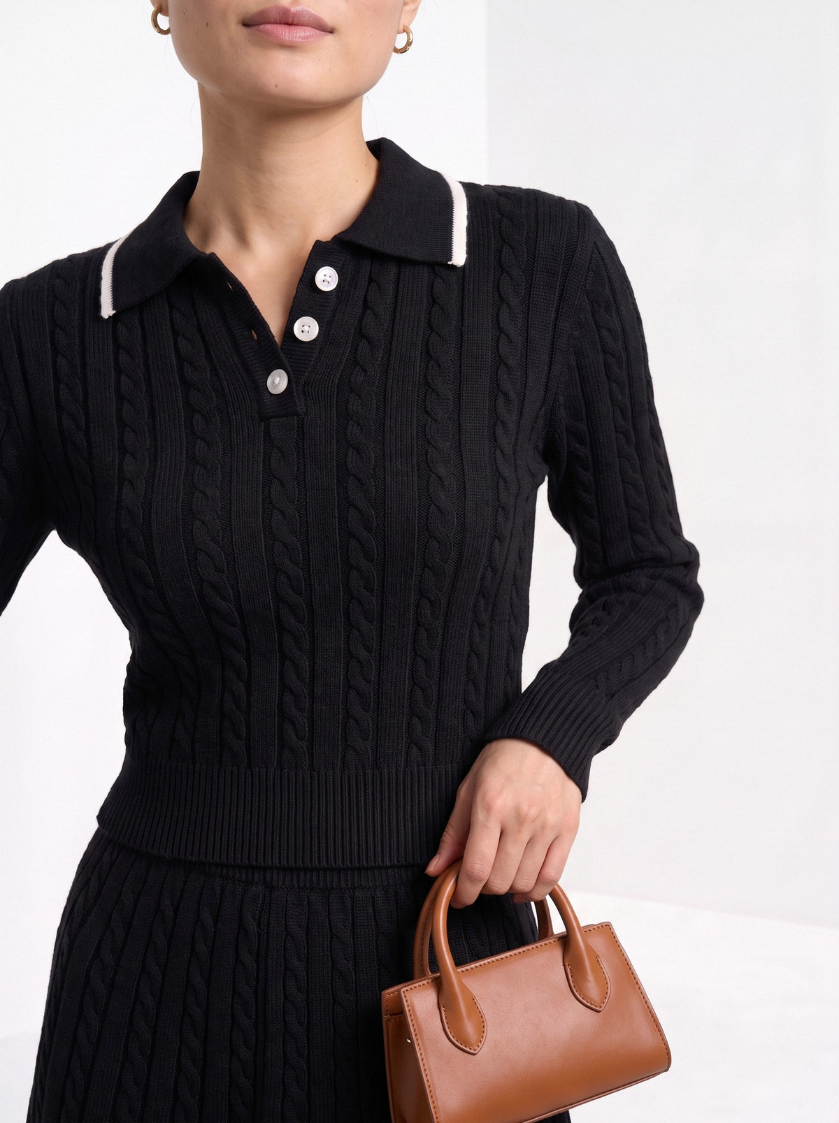 BLENIN women's cable knit polo skirt set in black, close-up of the details