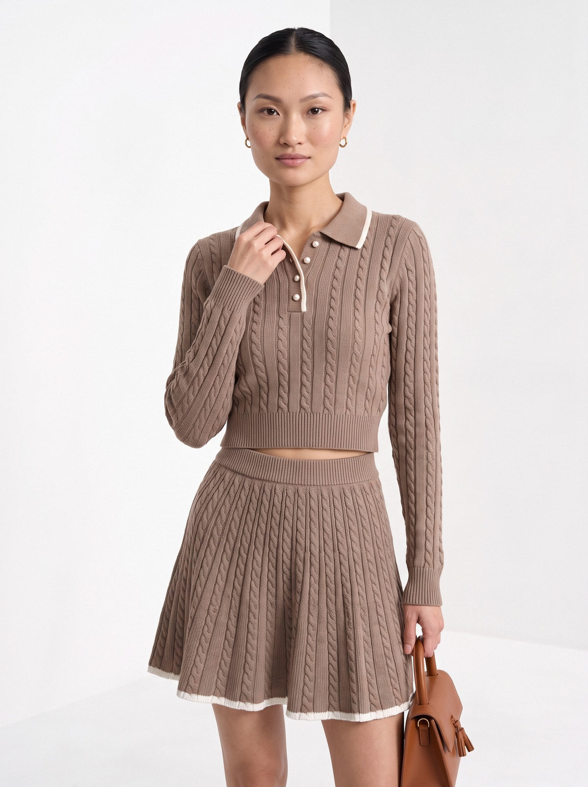 BLENIN women's cable knit polo skirt set in taupe, front portrait