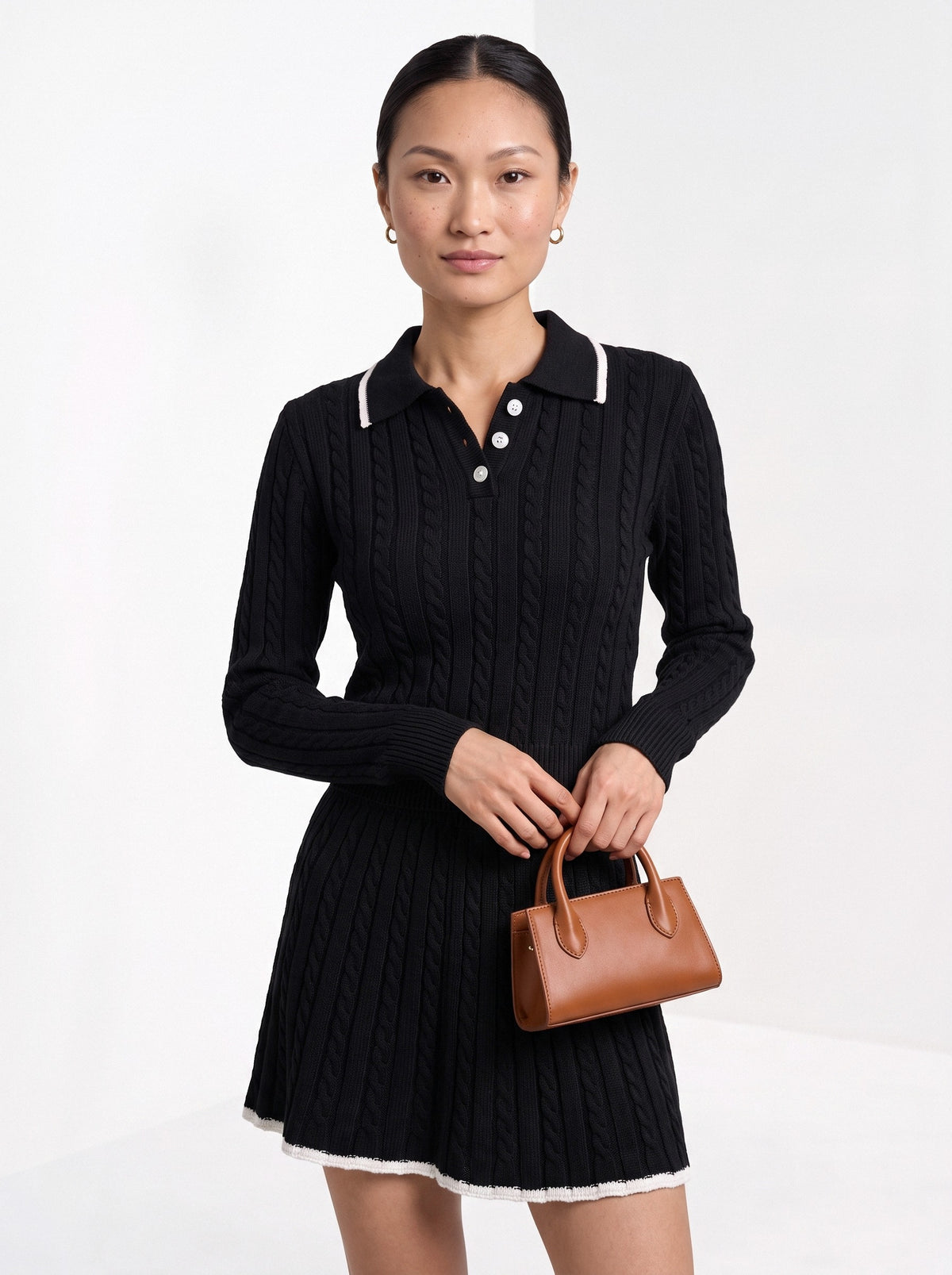 BLENIN women's cable knit polo skirt set in black, front portrait