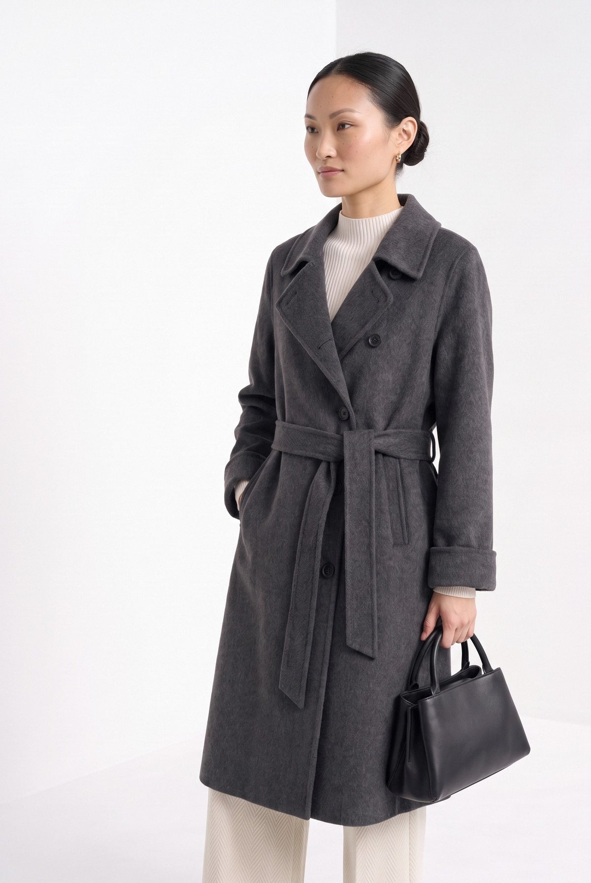BLENIN women's double-faced wool coat in charcoal, three-quarter view