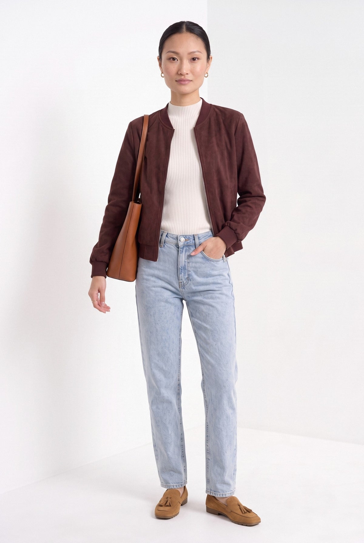 BLENIN women's suede-look bomber jacket in burgundy, full-length look