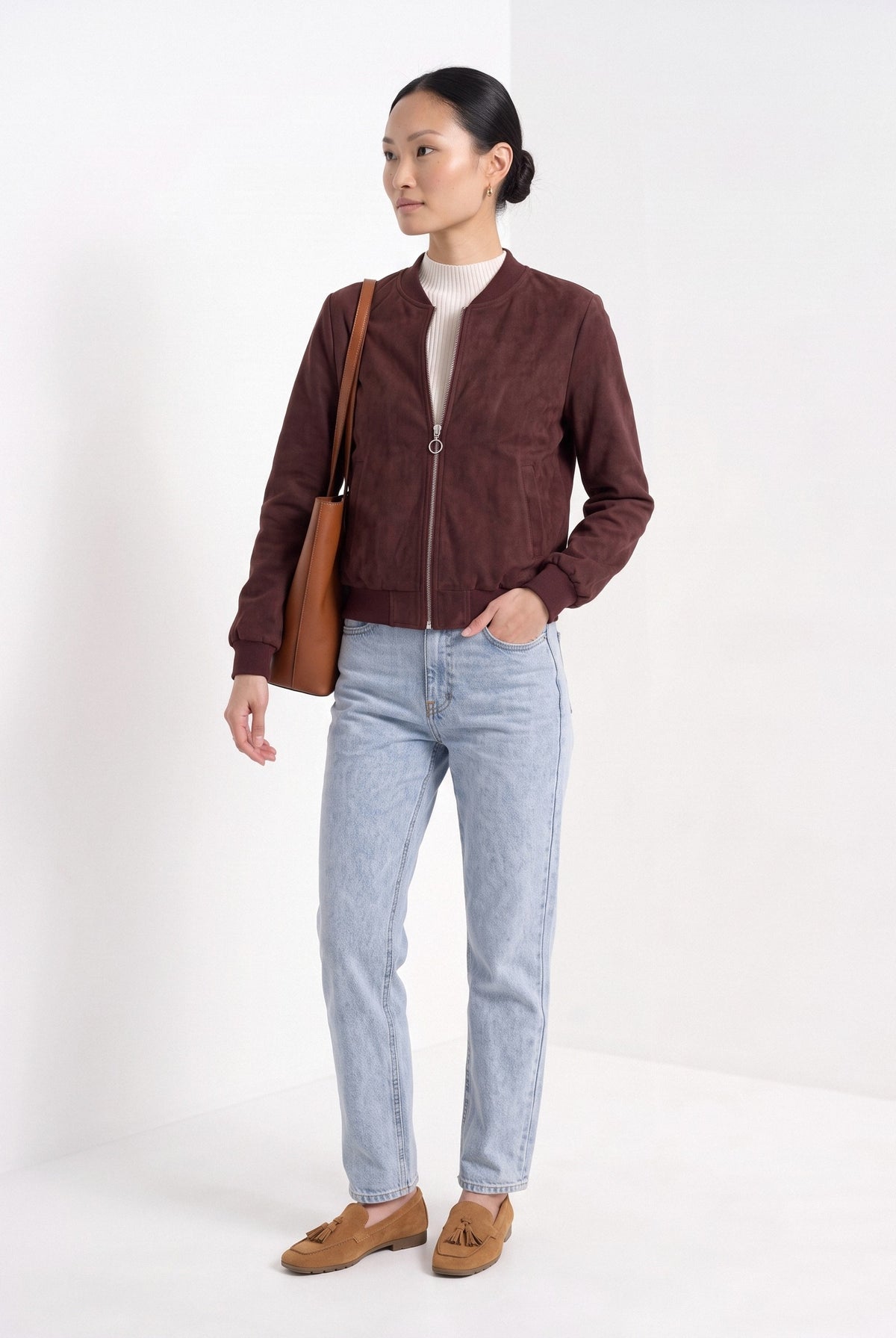 BLENIN women's suede-look bomber jacket in burgundy, three-quarter view