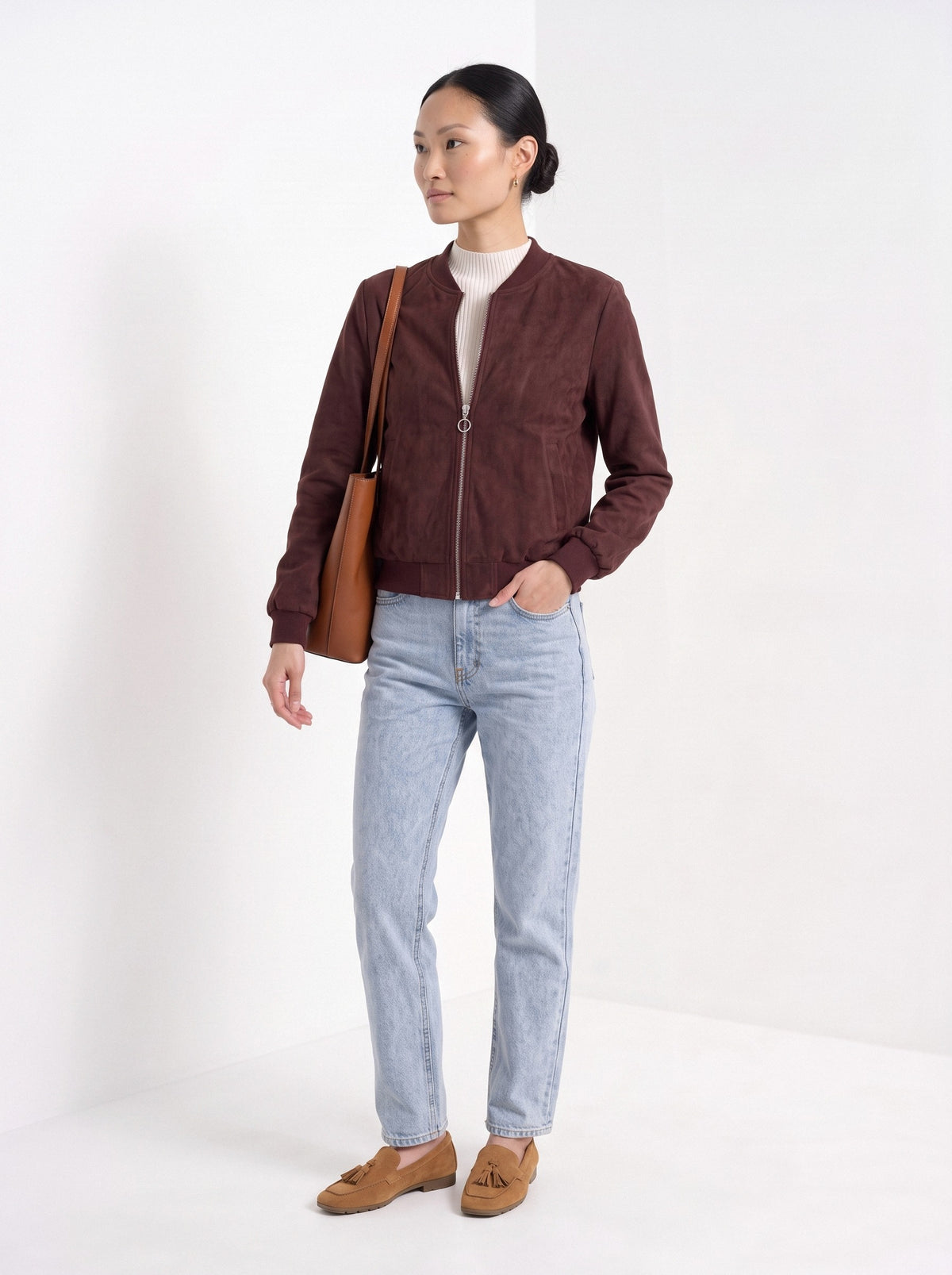 BLENIN women's suede-look bomber jacket in burgundy, three-quarter view