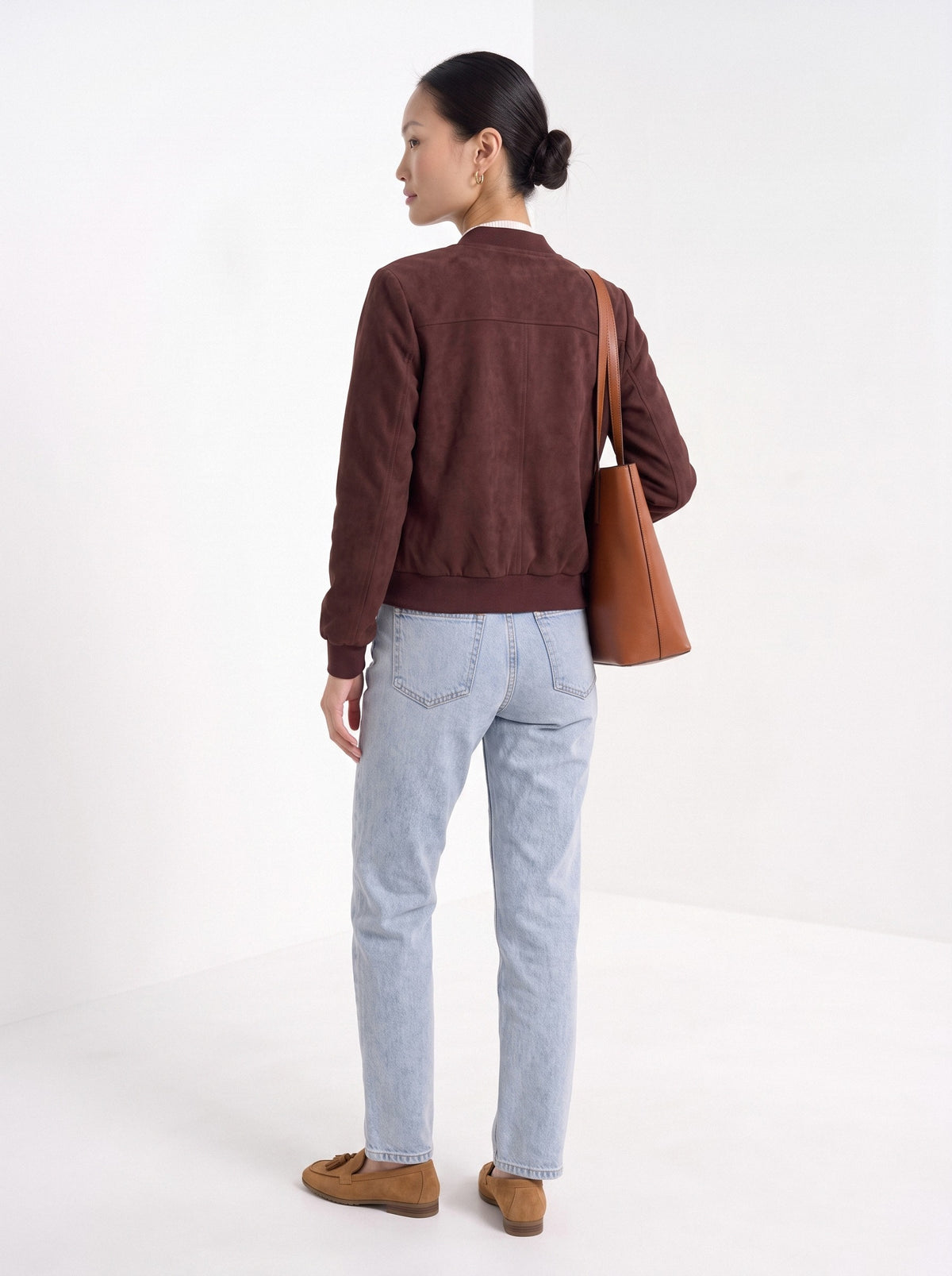 BLENIN women's suede-look bomber jacket in burgundy, back view