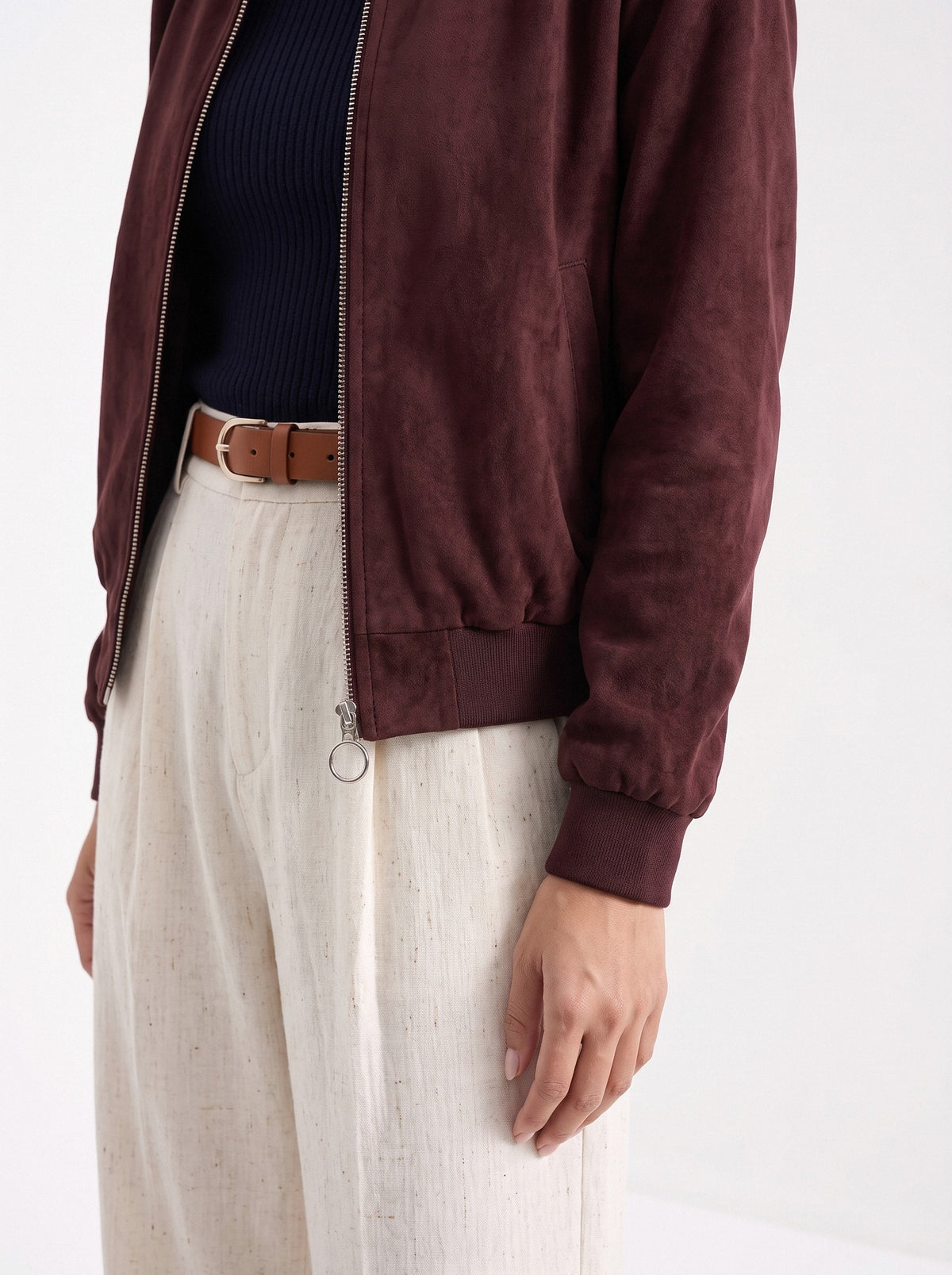BLENIN women's suede-look bomber jacket in burgundy, fit detail
