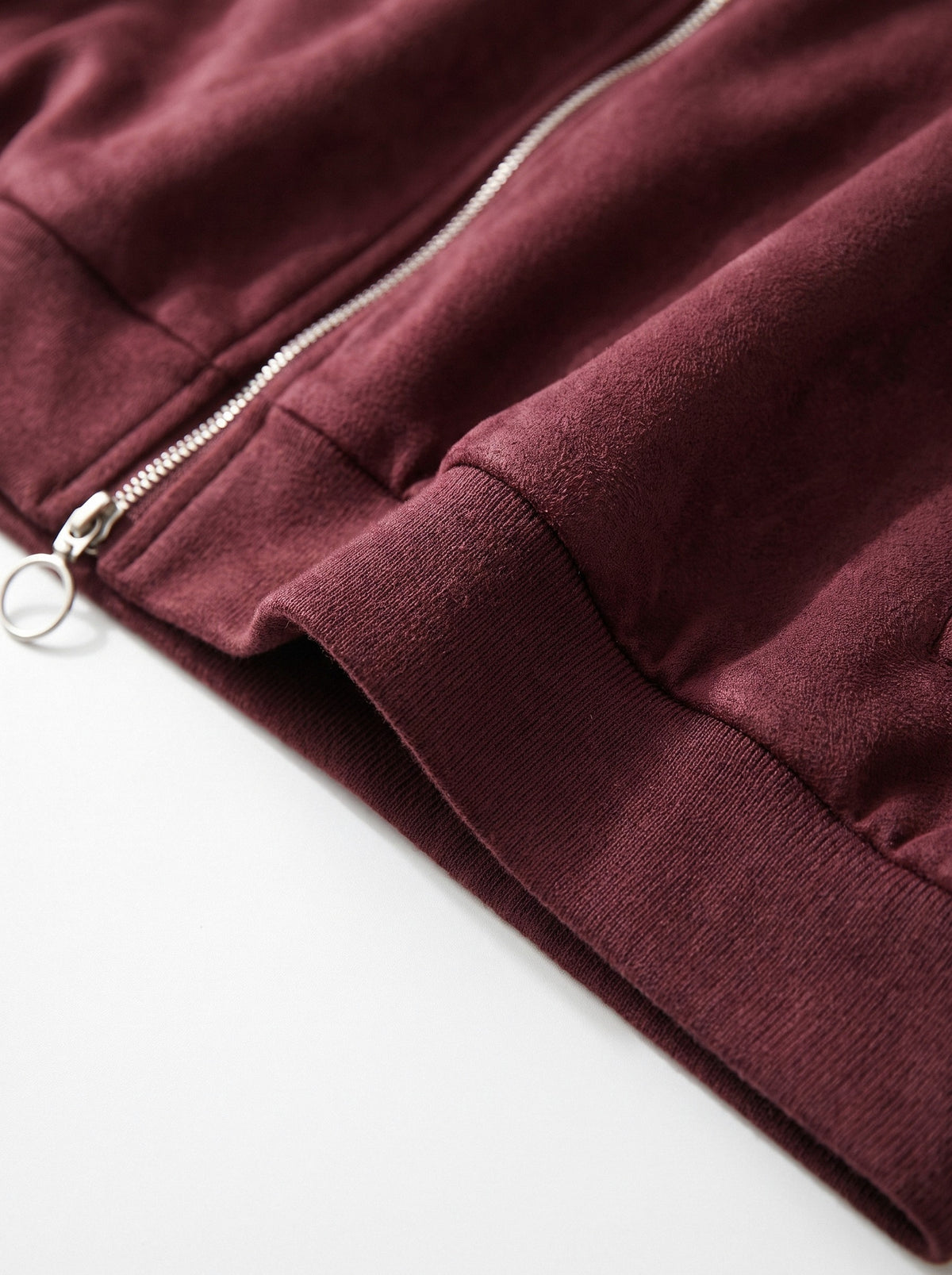 BLENIN women's suede-look bomber jacket in burgundy, fabric close-up