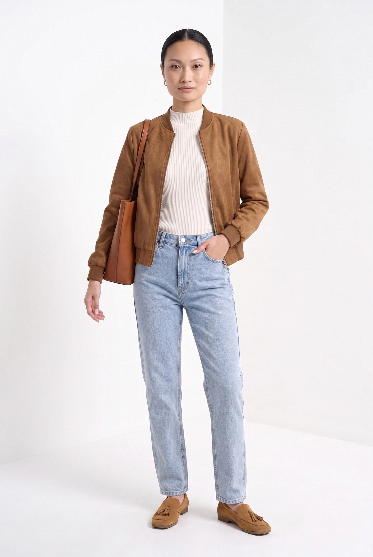 BLENIN women's suede-look bomber jacket in tobacco, full-length look