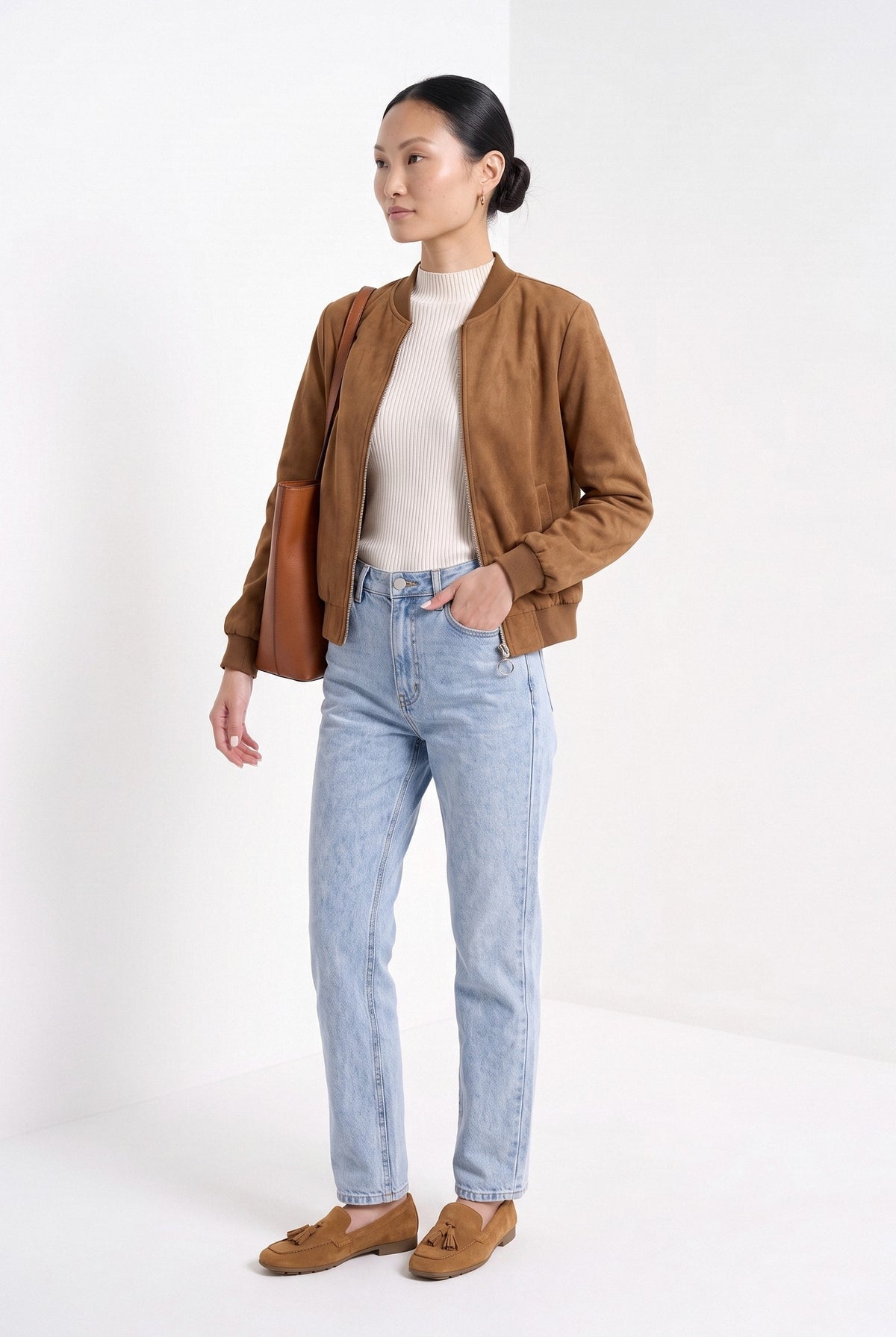 BLENIN women's suede-look bomber jacket in tobacco, three-quarter view