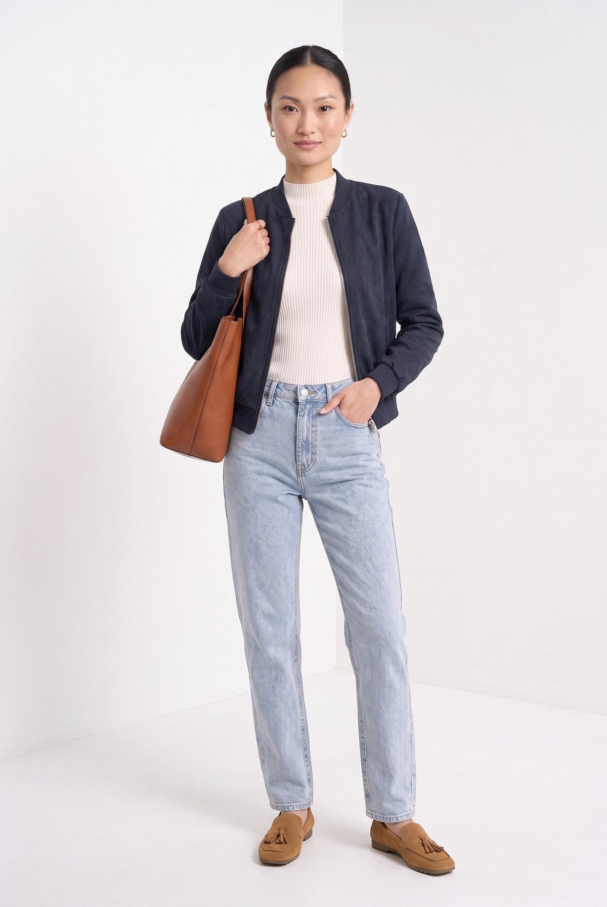 BLENIN women's suede-look bomber jacket in navy, full-length look