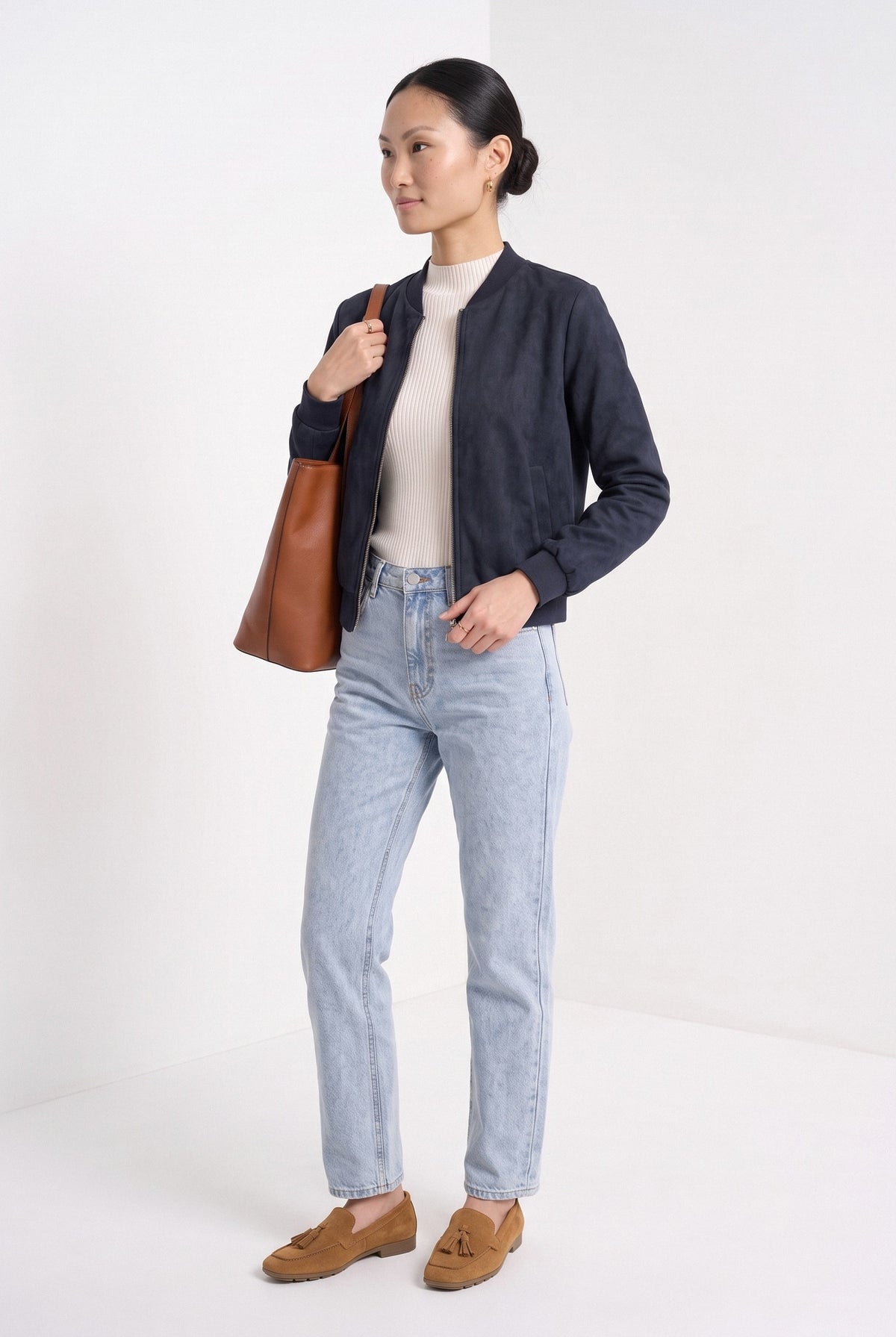 BLENIN women's suede-look bomber jacket in navy, three-quarter view