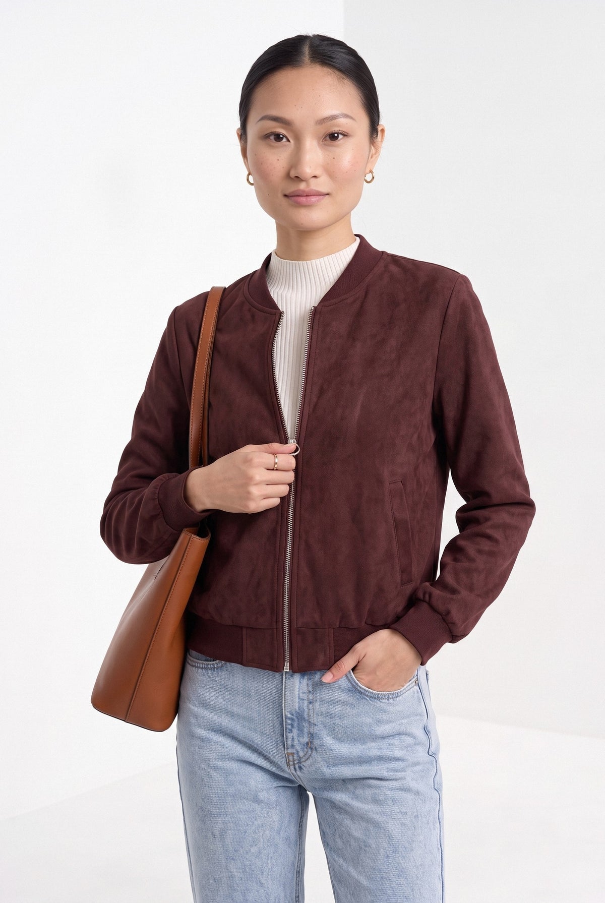 BLENIN women's suede-look bomber jacket in burgundy, front portrait