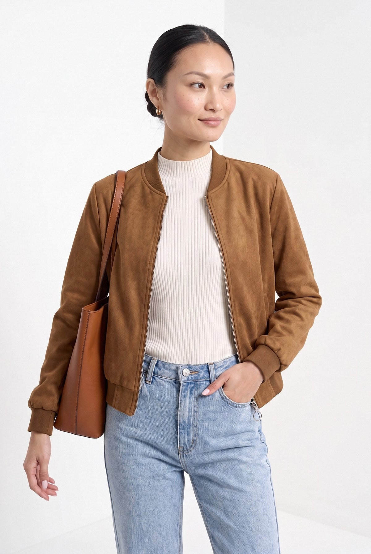 BLENIN women's suede-look bomber jacket in tobacco, front portrait