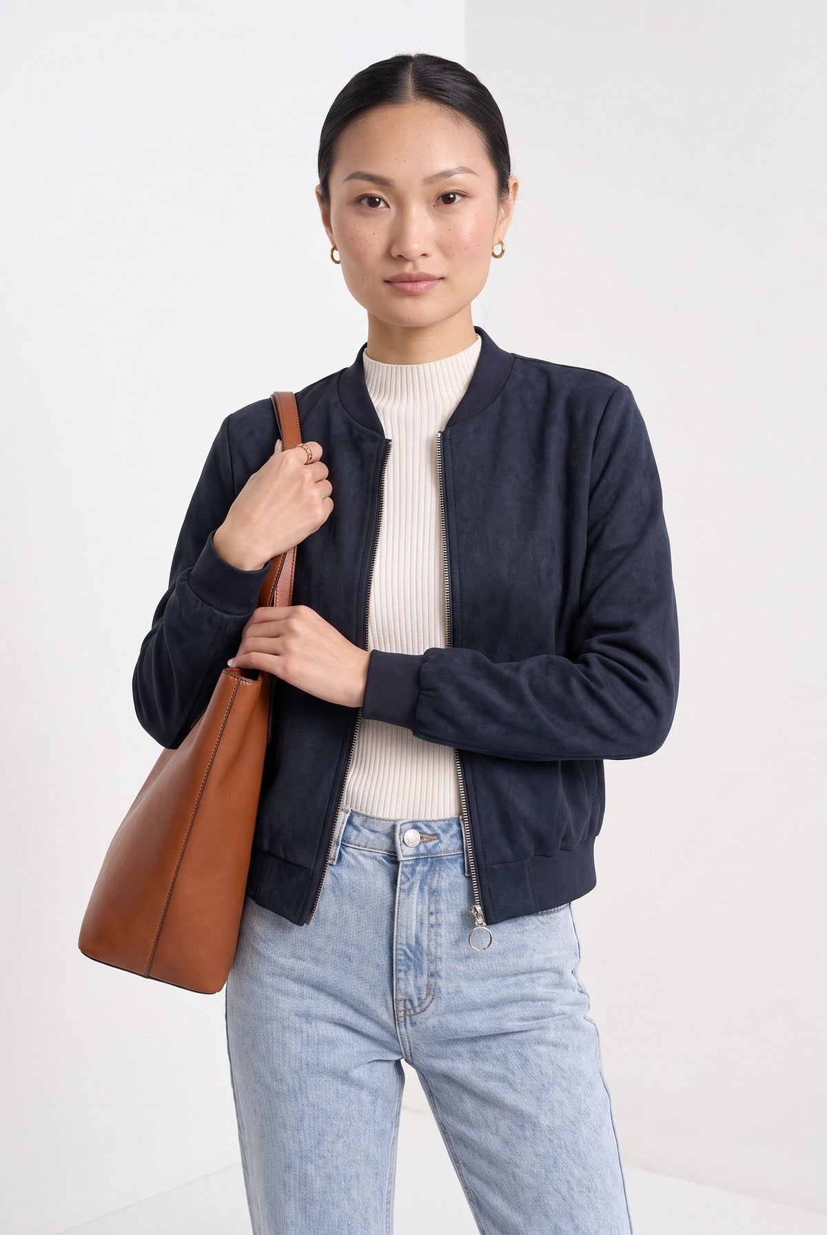 BLENIN women's suede-look bomber jacket in navy, front portrait