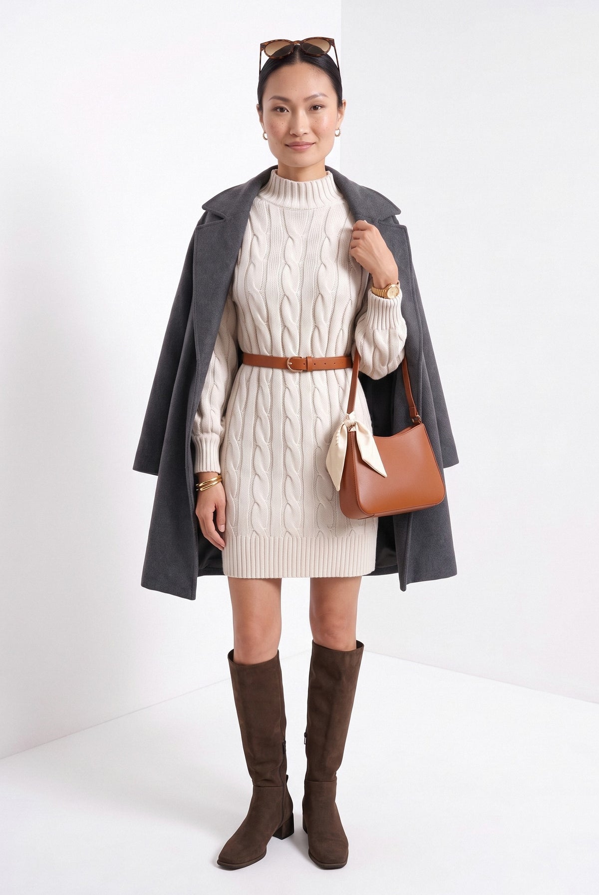 BLENIN women's cable knit sweater dress in ivory, full-length look