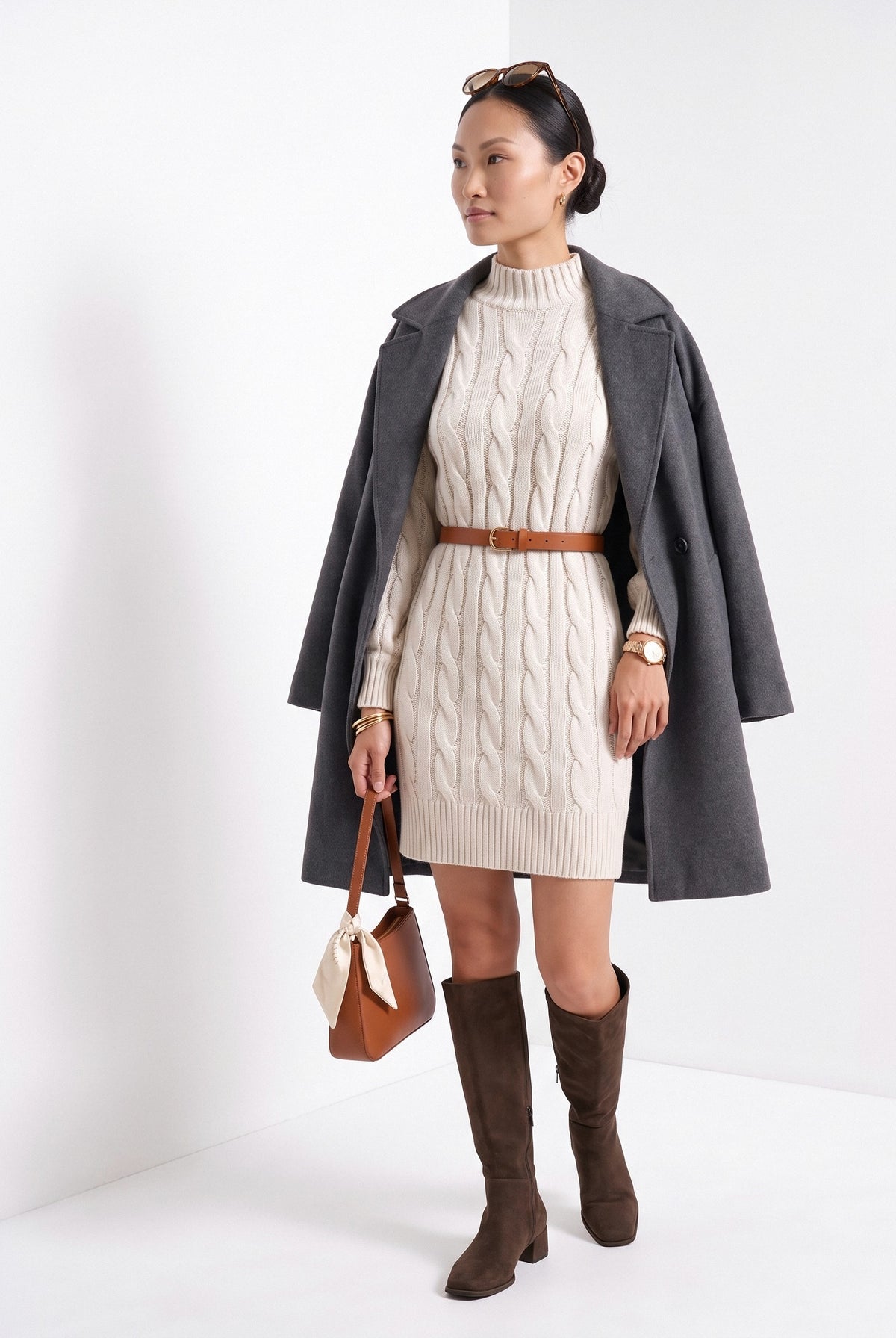 BLENIN women's cable knit sweater dress in ivory, three-quarter view