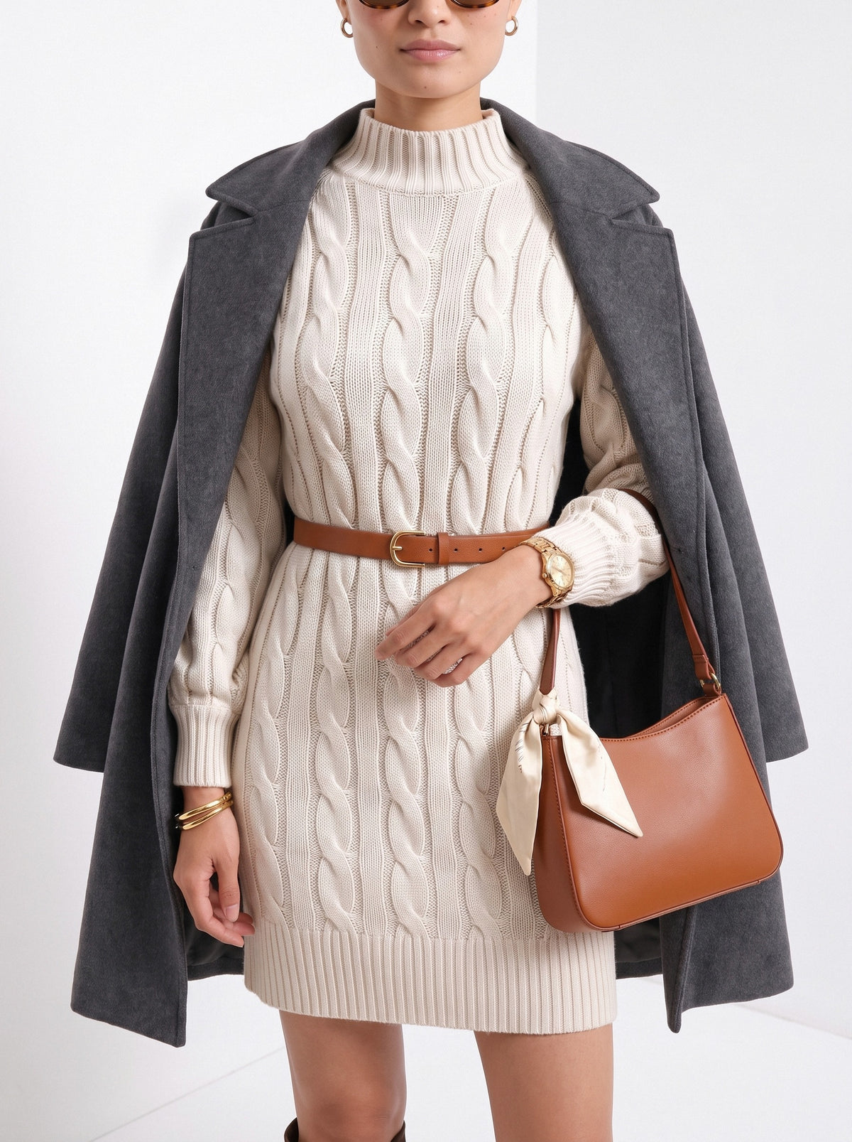 BLENIN women's cable knit sweater dress in ivory, styled detail