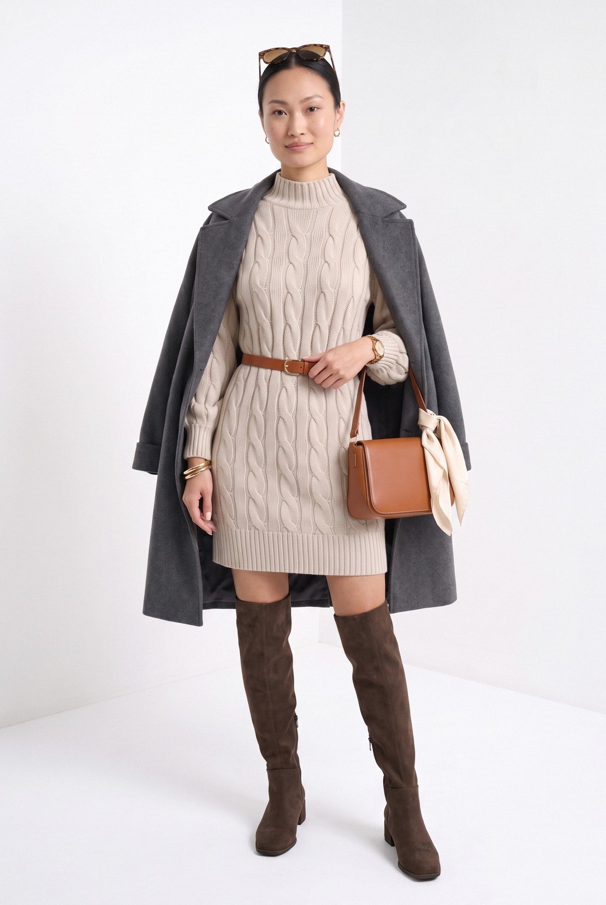 BLENIN women's cable knit sweater dress in beige, full-length look