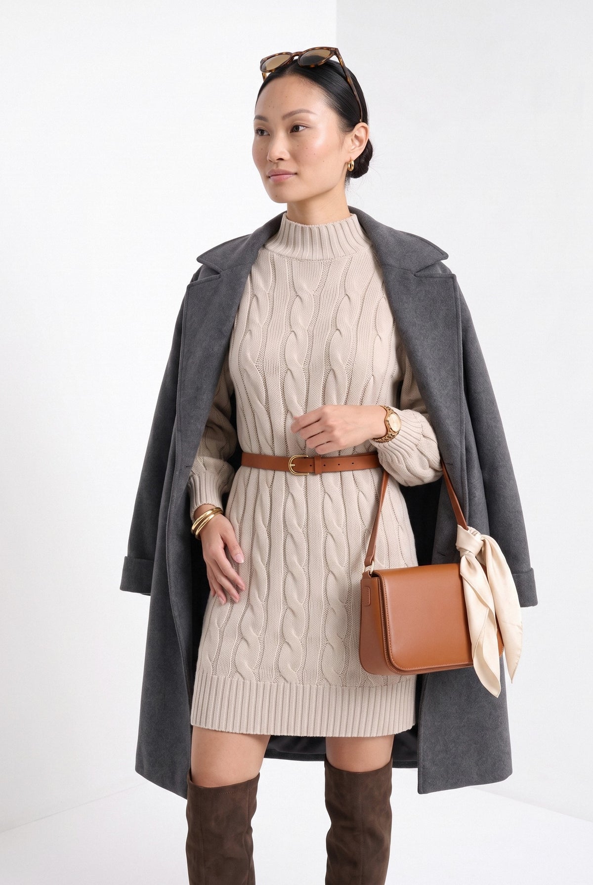 BLENIN women's cable knit sweater dress in oatmeal, three-quarter view